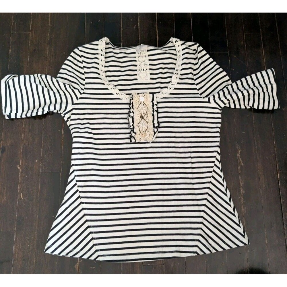 Anthropologie Boho Cottage Stripe Embroidery Crochet Knit Top Blouse Sz L